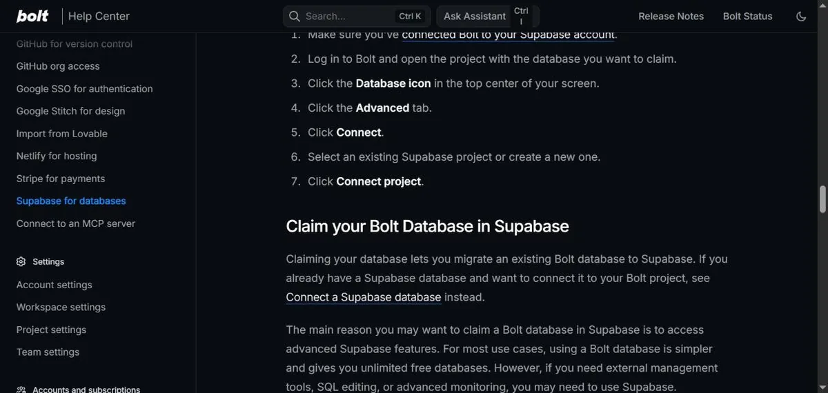 Bolt Help Center page showing the steps to connect a Supabase database, followed directly by a separate section on claiming a Bolt database in Supabase