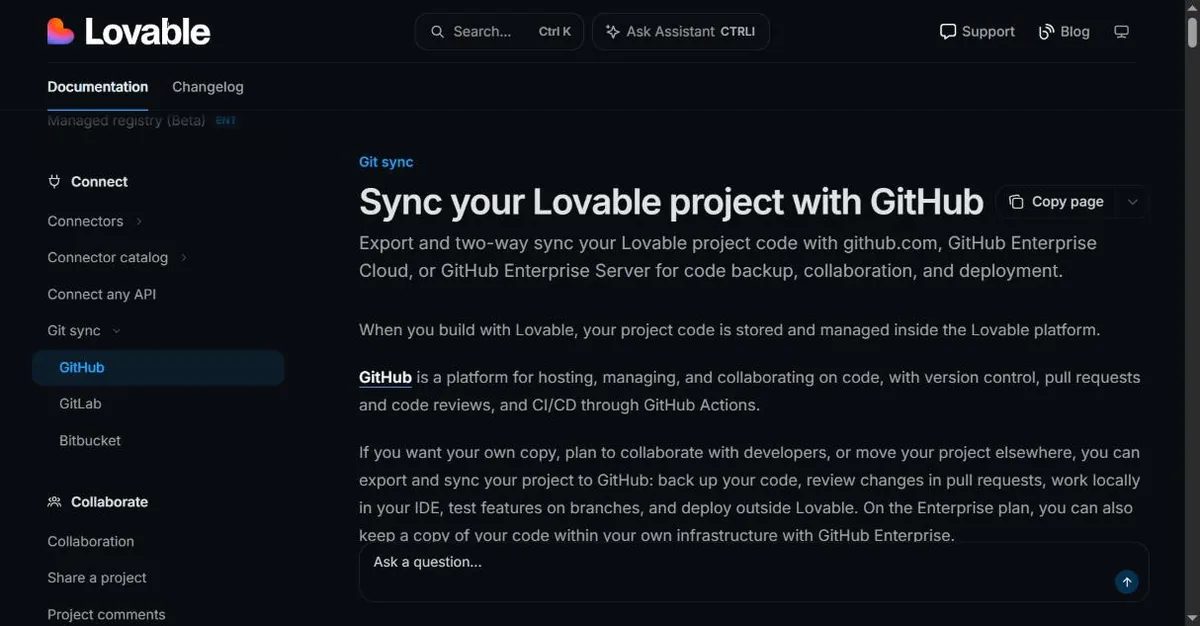 Lovable documentation stating that project code is stored and managed inside the Lovable platform, and that GitHub sync exports it