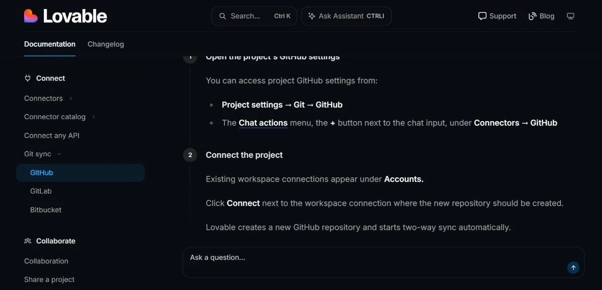 Lovable documentation showing how to open project GitHub settings through Project settings, Git, GitHub, and how connecting starts two-way sync