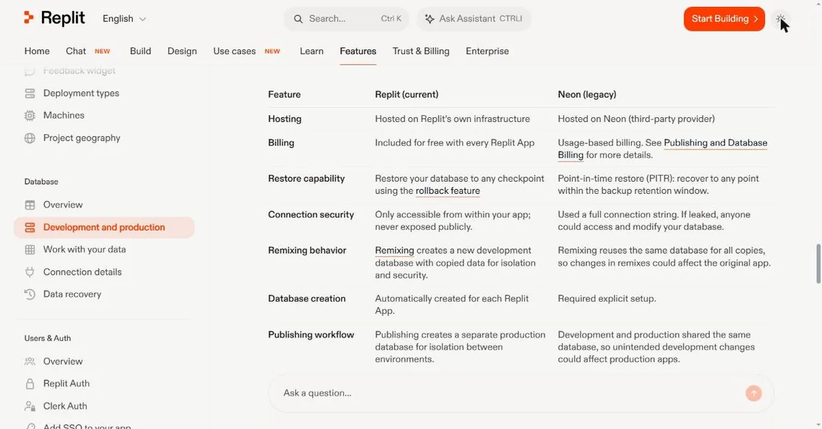 Replit documentation table comparing the current Replit database with the legacy Neon setup: only accessible from within your app and never exposed publicly, and publishing creates a separate production database
