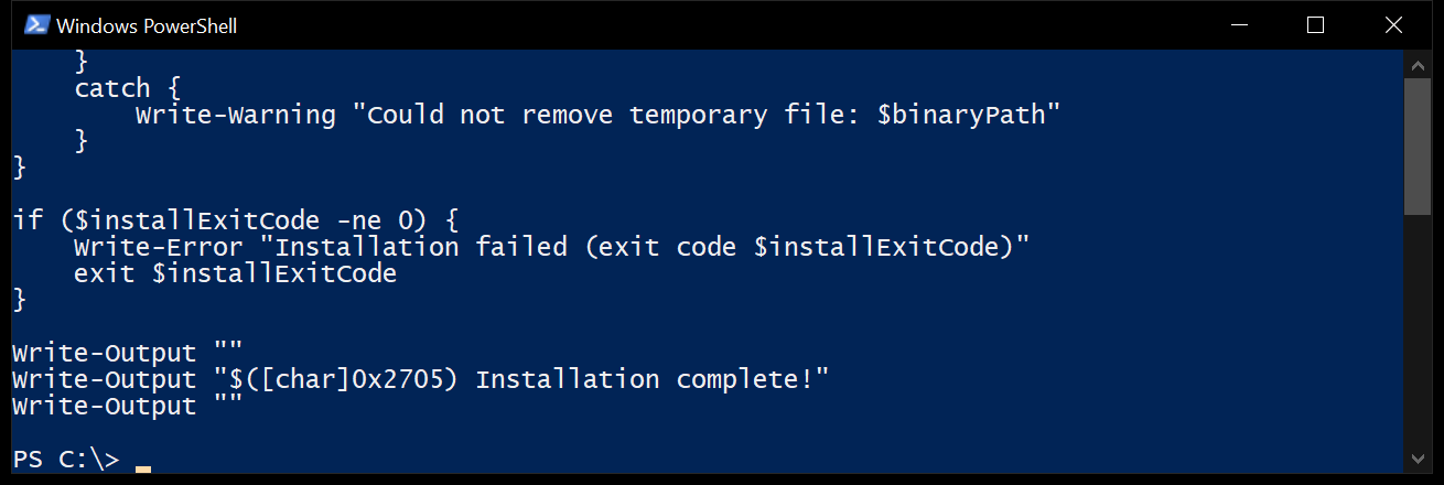 Windows PowerShell window filled with the text of the Claude Code install script, ending with a line that reads Installation complete, although nothing was installed.