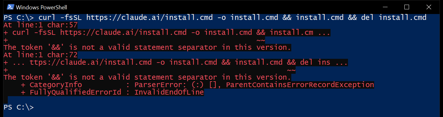 Windows PowerShell window where the Command Prompt install command fails twice with: The token '&&' is not a valid statement separator in this version.